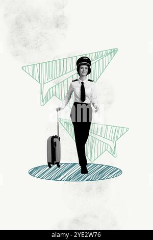 Vertical photo collage of happy pilot girl wear uniform carry suitcase paper plane airline summer vacation isolated on painted background Stock Photo