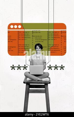 Composite trend artwork sketch image collage of young lady student sit chair job laptop webpage window password pass key headphones listen Stock Photo