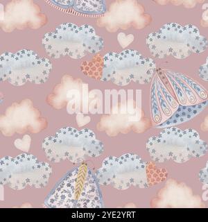 Boho Butterfly seamless pattern with clouds and stars on the light ...