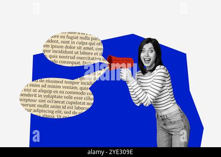 Trend artwork sketch image photo collage of young woman smile hand hold megaphone speech cloud proclaim talk text book page fragment Stock Photo