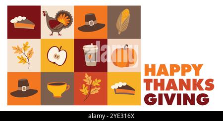 Thanksgiving greeting card invitation. Autumn holiday icons. Geometric seamless pattern. Turkey, pumpkin pie, corn.Colorful leaves, cup of latte Stock Vector