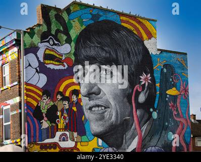 Portrait of Ringo Starr painted on Wall, The Beatles, Liverpool, England, United Kingdom Stock Photo