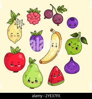 Seasonal fruit and berries cartoon kawaii characters. Tropical banana, Lemon and lime, fig, apple, pear, watermelon, gooseberries, blueberries and plu Stock Vector