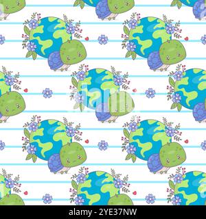 Ecological seamless pattern. Cute cartoon turtle with planet Earth and flowers on white striped background. Concept green lifestyle, conservation, pro Stock Vector