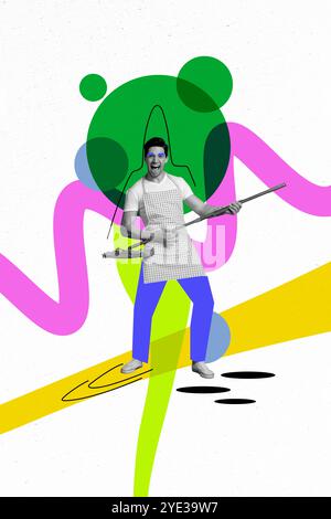 Vertical exclusive magazine picture sketch collage image of funky guy enjoying housekeeping isolated painting background Stock Photo