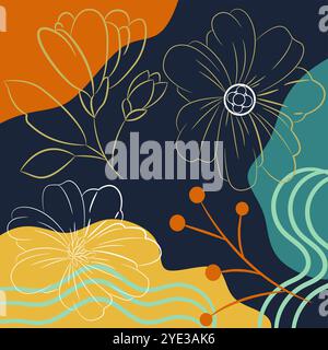 This artwork showcases a contemporary take on floral design utilizing minimalist line art and bold abstract shapes Stock Vector