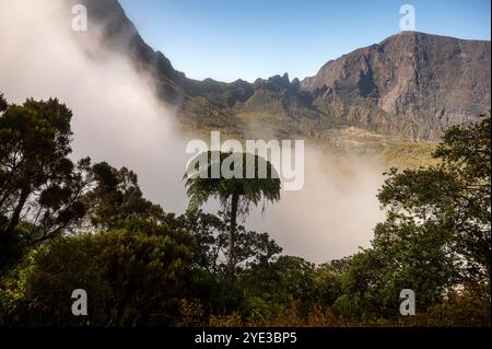 The view from the rim of the Plaine des Tamarins towards Marla and the Grand Bénare in the Cirque de Mafate, Réunion, France Stock Photo