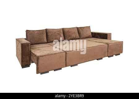 Brown unfolded sofa with velor fabric pillows isolated on a white background. Cushioned furniture. Stock Photo