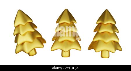 Set 3d gold Christmas tree . Glossy New year and xmas abstract tree shapes. Stock Vector