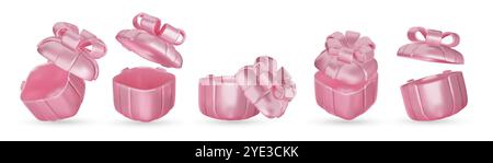 Set of realistic 3d render gift boxes. Pink gift box with pink bow and ribbon. Gift box in different angles. Vector illustration. Stock Vector