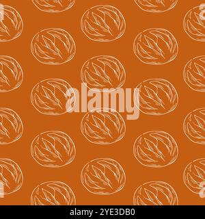 Seamless pattern of line art round bread loaves on a brown background. Ideal for bakery theme, packaging and food related design project. Stock Vector