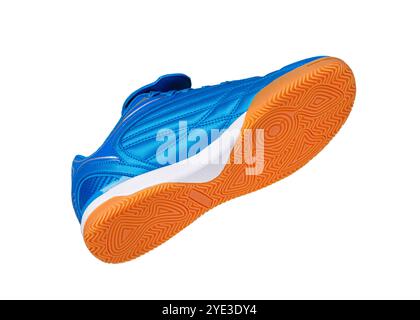 Blue leather sneaker with polyurethane sole on a white background. Stock Photo
