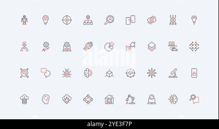 AI and smart technology, machine learning, engineering and system with artificial intelligence line icon set. Digital brain, gear and microchip thin black and red outline symbols vector illustration Stock Vector
