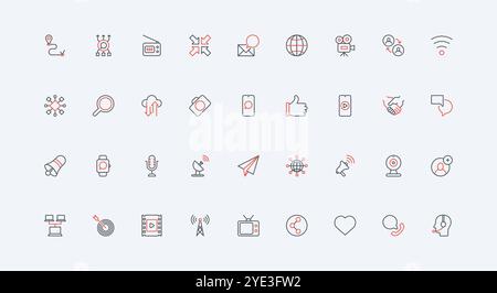 Digital device, technology for online connection and data exchange line icon set. TV and antenna, chat messages in social media and radio, email thin black and red outline symbols vector illustration Stock Vector