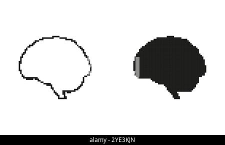 Pixelated Brain Icon Set. Outline and Filled Brain Symbols in Pixel Art Style. Cognitive Sign. Isolated Vector Illustration Stock Vector