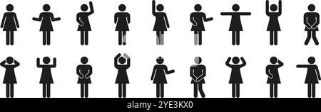 Stick Figure Gesture Silhouette Icon Set. Woman in Different Poses Glyph Pictogram. Isolated Vector Illustration Stock Vector