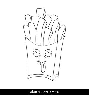 Groovy psychedelic French fries box with tongue on comic face vector illustration Stock Vector