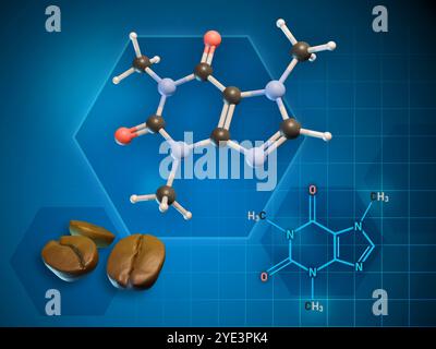 Caffeine molecule formula and 3D diagram. 3D illustration. Stock Photo