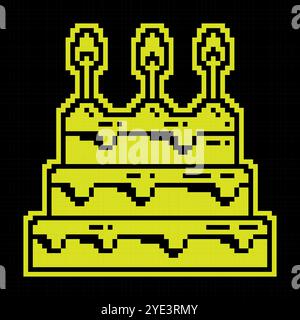 Pixel silhouette icon. Celebratory tiered cake with burning candles. Dessert for birthday celebration. Simple black and yellow vector isolated Stock Vector