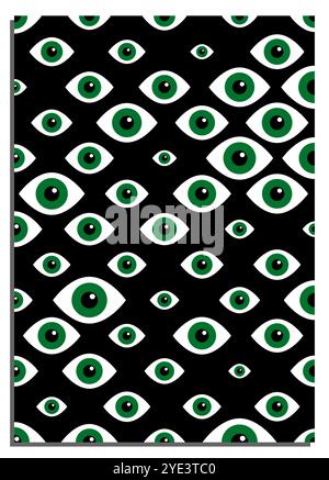 Vertical black abstract background with green witch eyes, cover, title page of presentation, report, album in A4 format. Template layout for design of Stock Vector