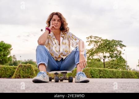 portrait of a Caucasian woman sitting on her skateboard Stock Photo