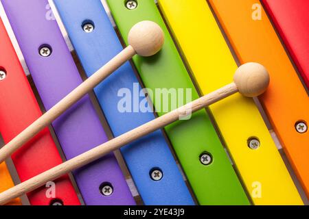 Colorful wooden xylophone isolated on white background, musician toy for kids Stock Photo