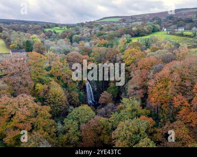 Aerial view of Melincourt waterfall and surrounding landscape in Autumn at the village of Resolven, South Wales, UK Stock Photo