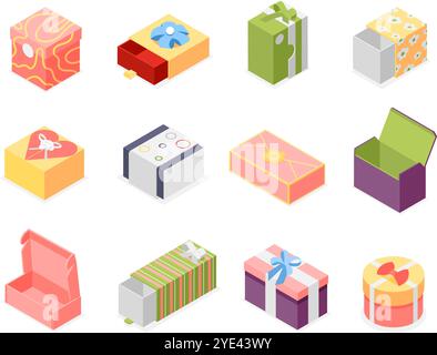 Isometric gift 3d boxes. Vibrant box for different presents. Isolated accessories packages for birthday christmas new year valentine day, flawless Stock Vector