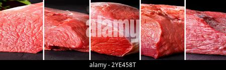 Collage or design of different types of raw meat for butcher shop or restaurant.Beef sirloin steaks and T-bone steaks on a stone or black slate back. Stock Photo