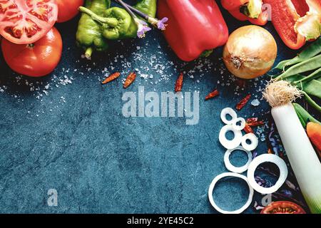 Healthy foods. Vegetables and fruits collection on black cement or stone background. Top view and copy space.Vegetarian food background and cooking. Stock Photo