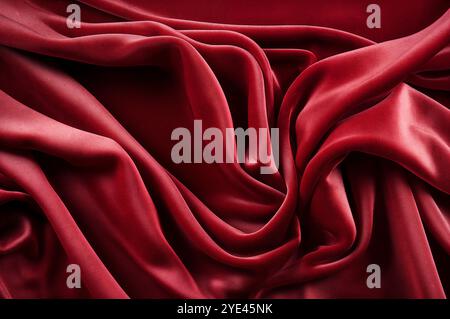 Chiffon,satin and shiny material. top view. pleats made of light fabric. wedding and luxurious backdrop.Red luxurious background, the red velvet. Stock Photo