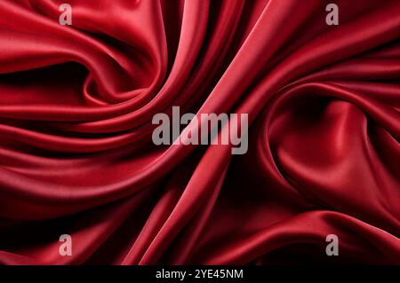 Chiffon,satin and shiny material. top view. pleats made of light fabric. wedding and luxurious backdrop.Red luxurious background, the red velvet. Stock Photo