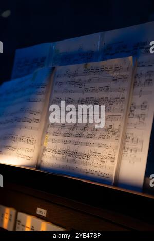 Music sheets. Melodies written with different musical symbols as background, closeup Stock Photo