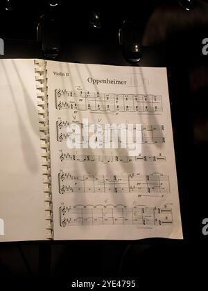 Music sheets. Melodies written with different musical symbols as background, closeup Stock Photo