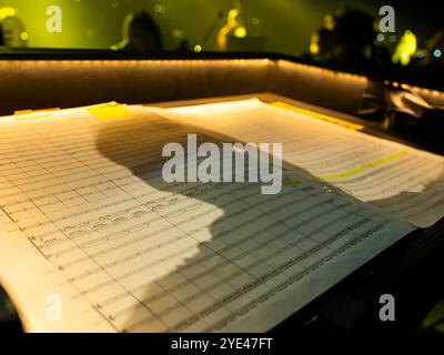 Music sheets. Melodies written with different musical symbols as background, closeup Stock Photo