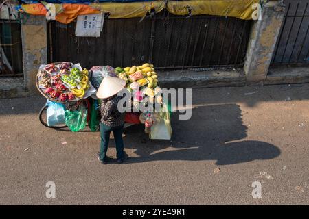 Hanoi, Vietnam: a Vietnamese woman wearing the traditional conical hat Non La and selling fruits carries all the goods on her bicycle to the market Stock Photo