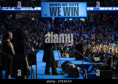 Philadelphia, USA. 28th Oct, 2024. John Legends performs at a rally for Vice President Kamala Harris at Temple University in Philadelphia, PA on Monday October 28, 2024. (Photo by Laura Brett/Sipa USA) Credit: Sipa USA/Alamy Live News Stock Photo