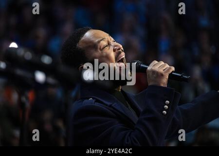 Philadelphia, USA. 28th Oct, 2024. John Legends performs at a rally for Vice President Kamala Harris at Temple University in Philadelphia, PA on Monday October 28, 2024. (Photo by Laura Brett/Sipa USA) Credit: Sipa USA/Alamy Live News Stock Photo