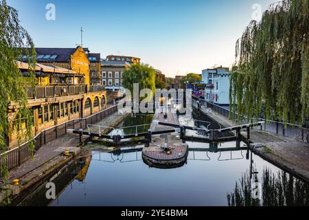 Camden Lock is a twin lock on the Regent's Canal in Camden Town, London, England. Stock Photo