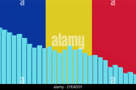 Romania, bar graph down, recession. Romania, sinking bar chart with Romanian flag. Weak economy, recession. Negative development of GDP, jobs, productivity, real estate prices, retail sales or falling industrial production. business096s romania bar graph down Stock Photo