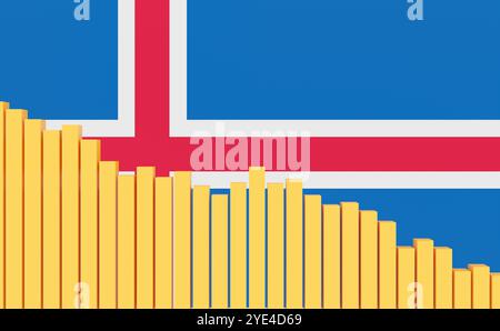 Iceland, bar graph down, recession. Iceland, sinking bar chart with Icelandic flag. Weak economy, recession. Negative development of GDP, jobs, productivity, real estate prices, retail sales or falling industrial production. business096s iceland bar graph down Stock Photo