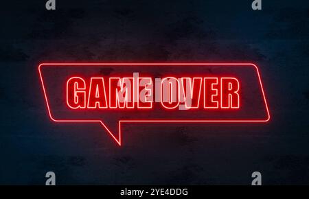 Game Over Game Over. Illuminated neon sign in red on a dark concrete wall. Leisure games, finishing, end, final game, challenge, video game. neon sign Stock Photo