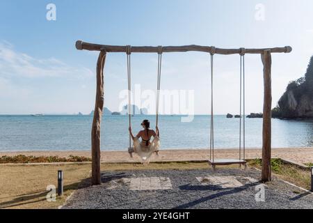 A woman relaxes on a swing facing the calm ocean during sunset, surrounded by a beautiful beach landscape. The scene exudes tranquility and serenity, Stock Photo
