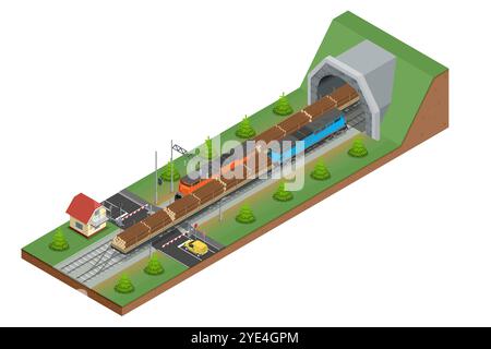 Freight Train Shape Isometric freight train loaded with pine trunks showcases a powerful ...