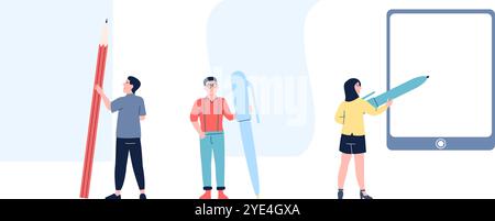 People with stationery at empty pages. Men woman holding pencil and pen, fill out paper and electronic forms. Isolated office characters, vector set Stock Vector