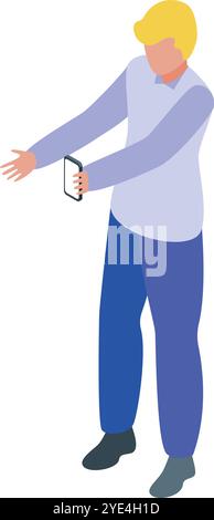Office worker interacting with augmented reality app on smartphone, exploring virtual elements in isometric view Stock Vector