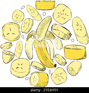 Graphic hand made illustration of bananas and slices. Funny vector circle round composition. Food preparation and kitchenware. Vector doodle clipart. Stock Vector