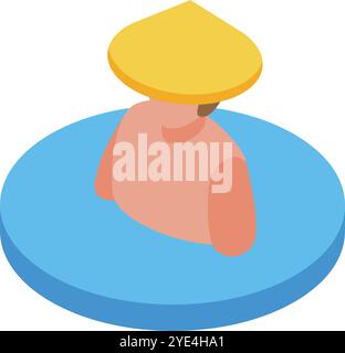 Asian tourist wearing traditional conical hat relaxing in onsen, hot spring, or thermal bath Stock Vector