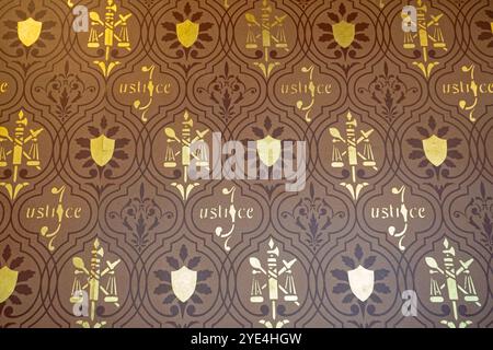 Springfield, Illinois - Wallpaper in the old Supreme Court chamber in the Illinois state capitol building. The room is now a hearing room for the legi Stock Photo