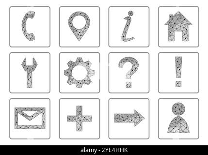 Website collection icon set. Business symbols phone, settings, contacts, arrows, pointer maps, ask form. Low poly polygonal blue web online market Stock Vector